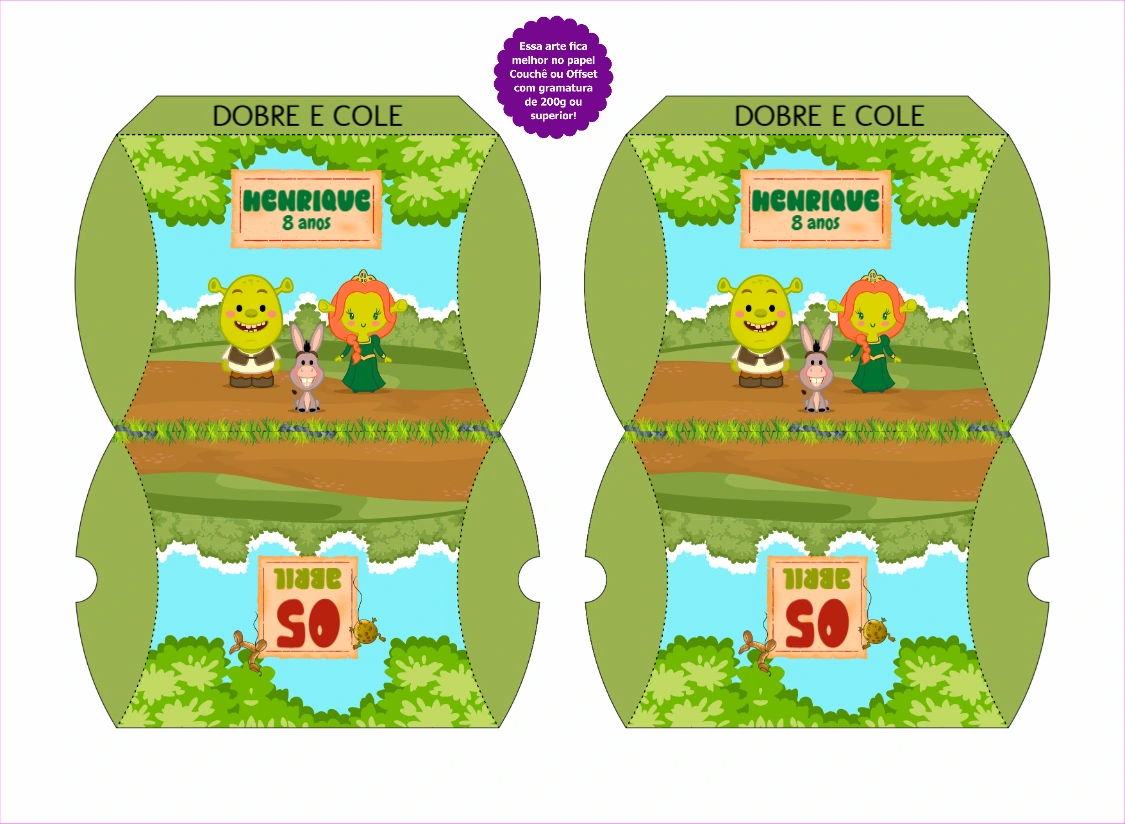 Caixa Travesseiro Festa Shrek para Editar e Imprimir