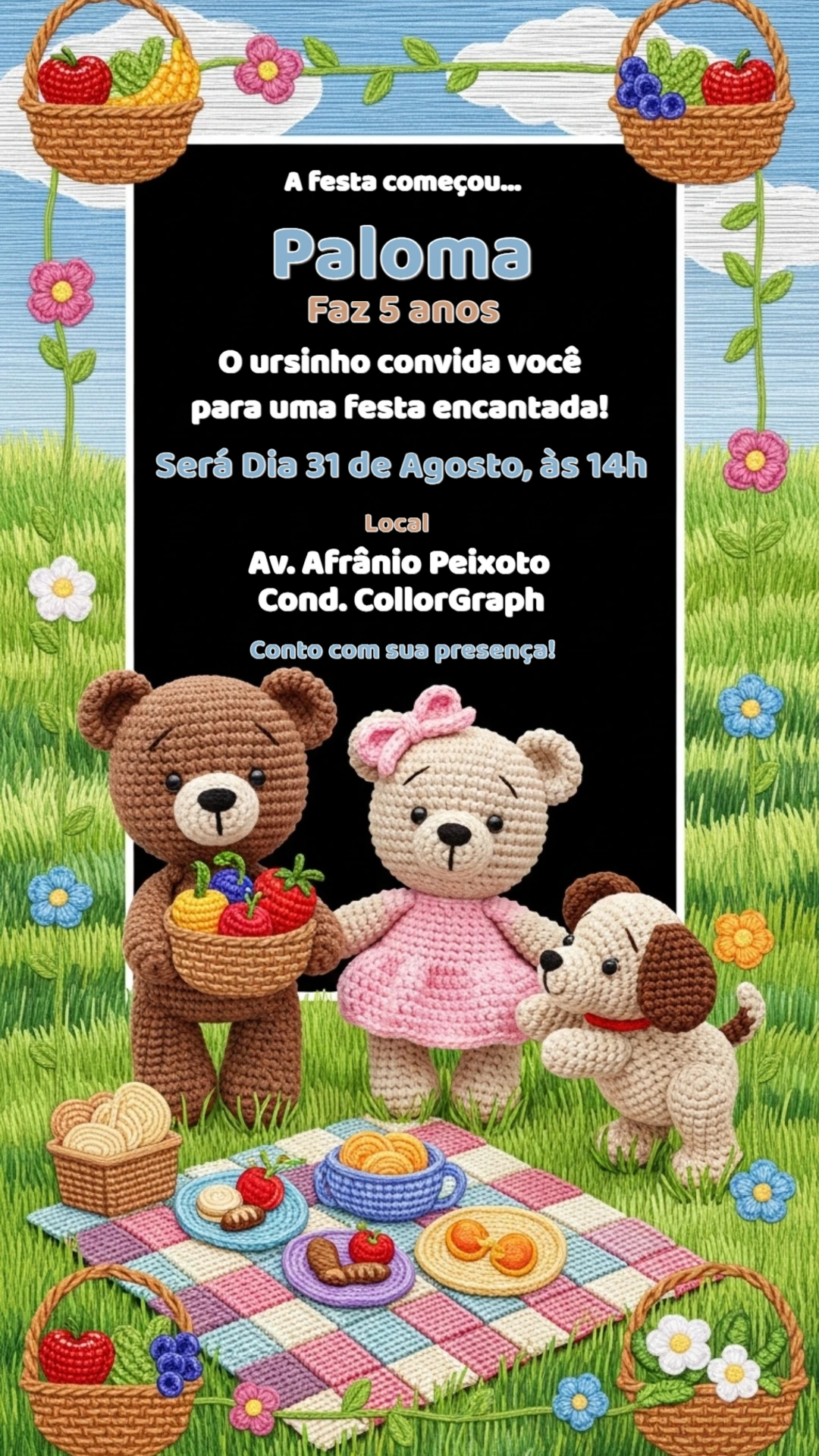 Convite Aniversário Amigurumi Ursinho para Editar Online
