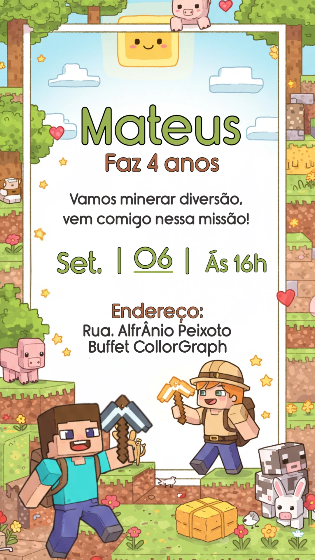 Convite de Aniversário Minecraft com Personagens para Editar