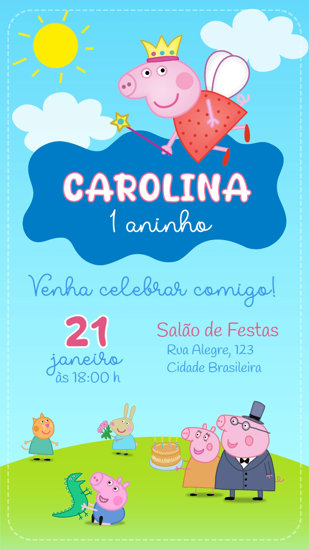 Convite Animado Aniversário Peppa Pig para Editar Online
