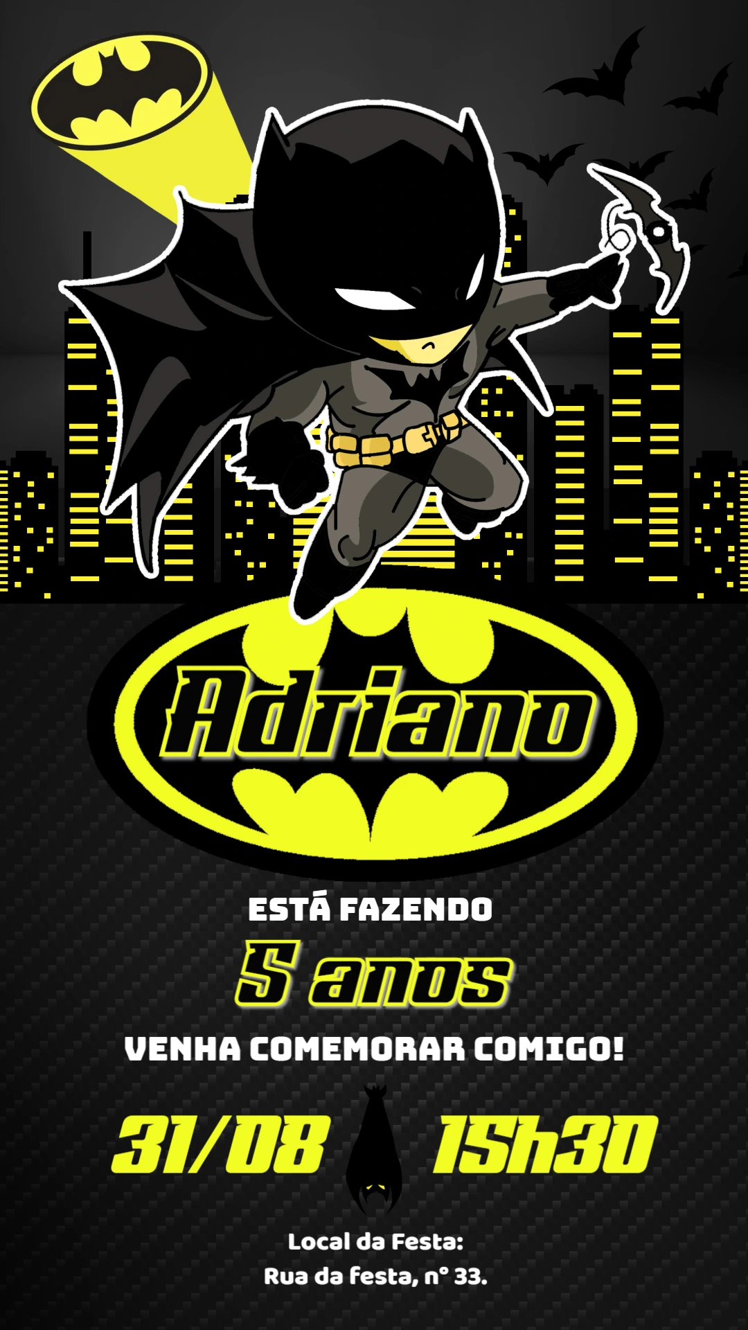 Convite de Aniversário Batman para Editar Online e Imprimir