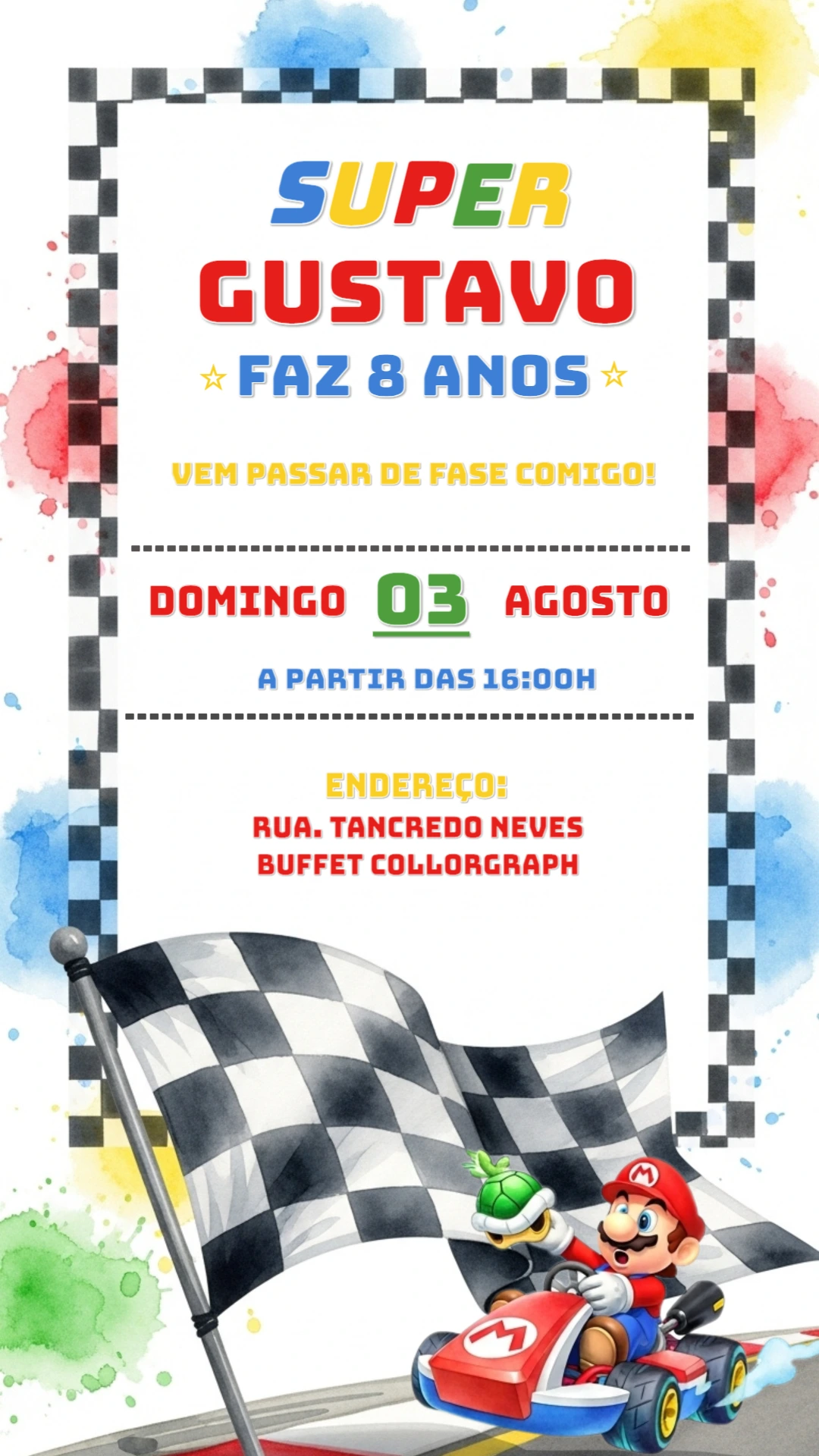 Convite de Aniversário Super Mario Kart para Editar Online