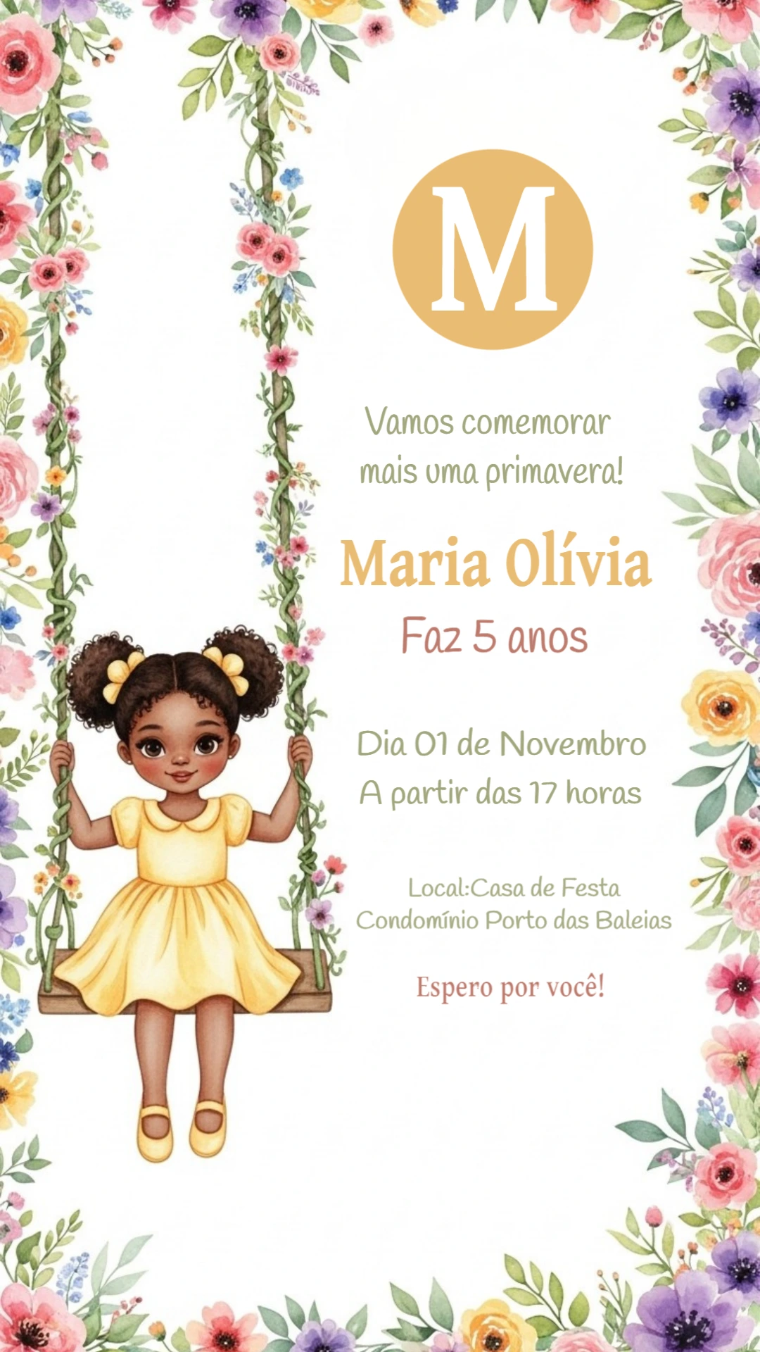 Convite de Aniversário Jardim Encantado com Menina para Editar