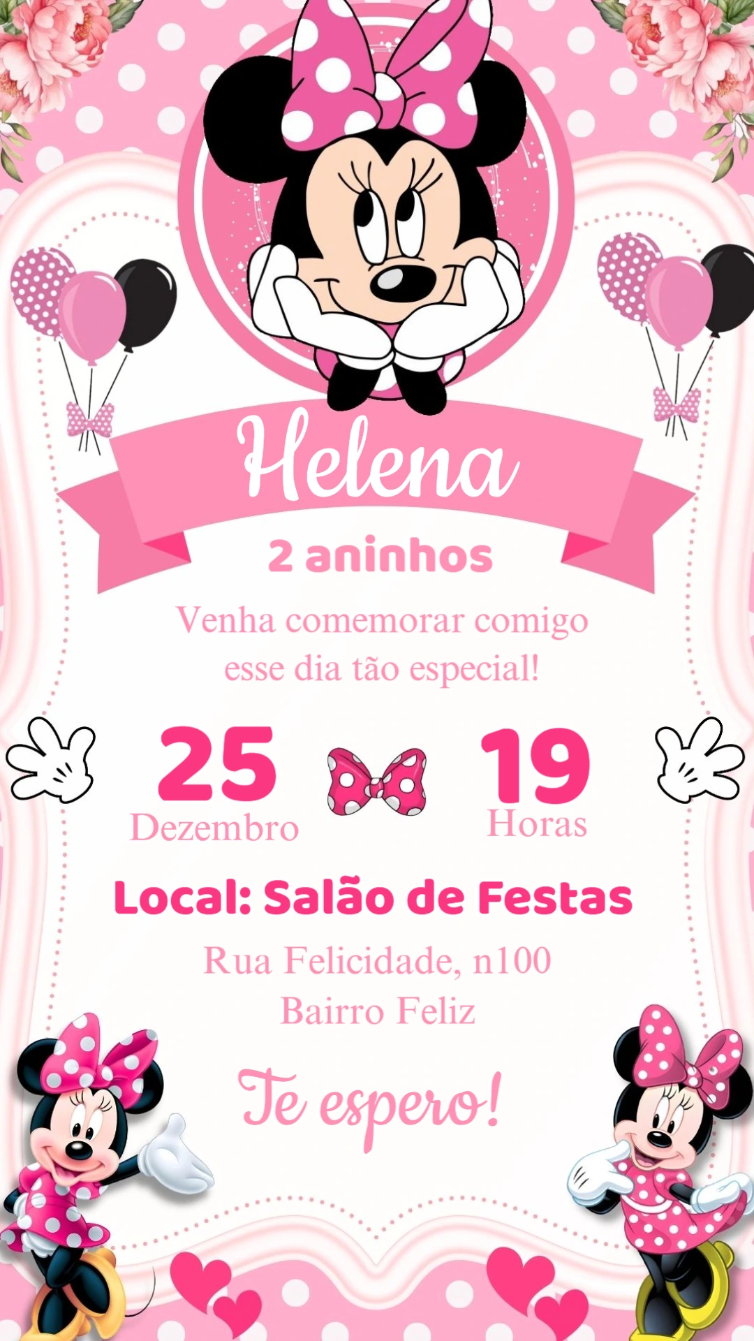 Convite de Aniversário Minnie Rosa com Bolinhas para Editar