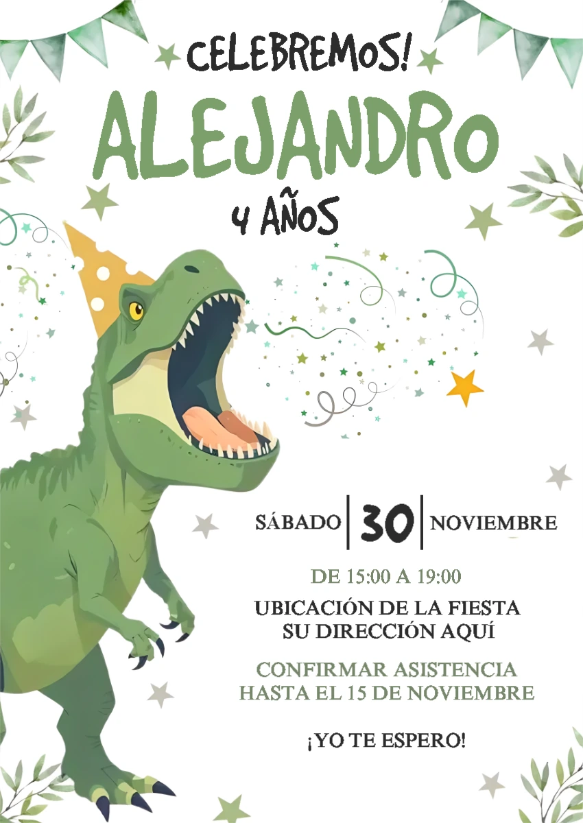 Invitación de Cumpleaños Dinosaurio T-Rex para Editar Online