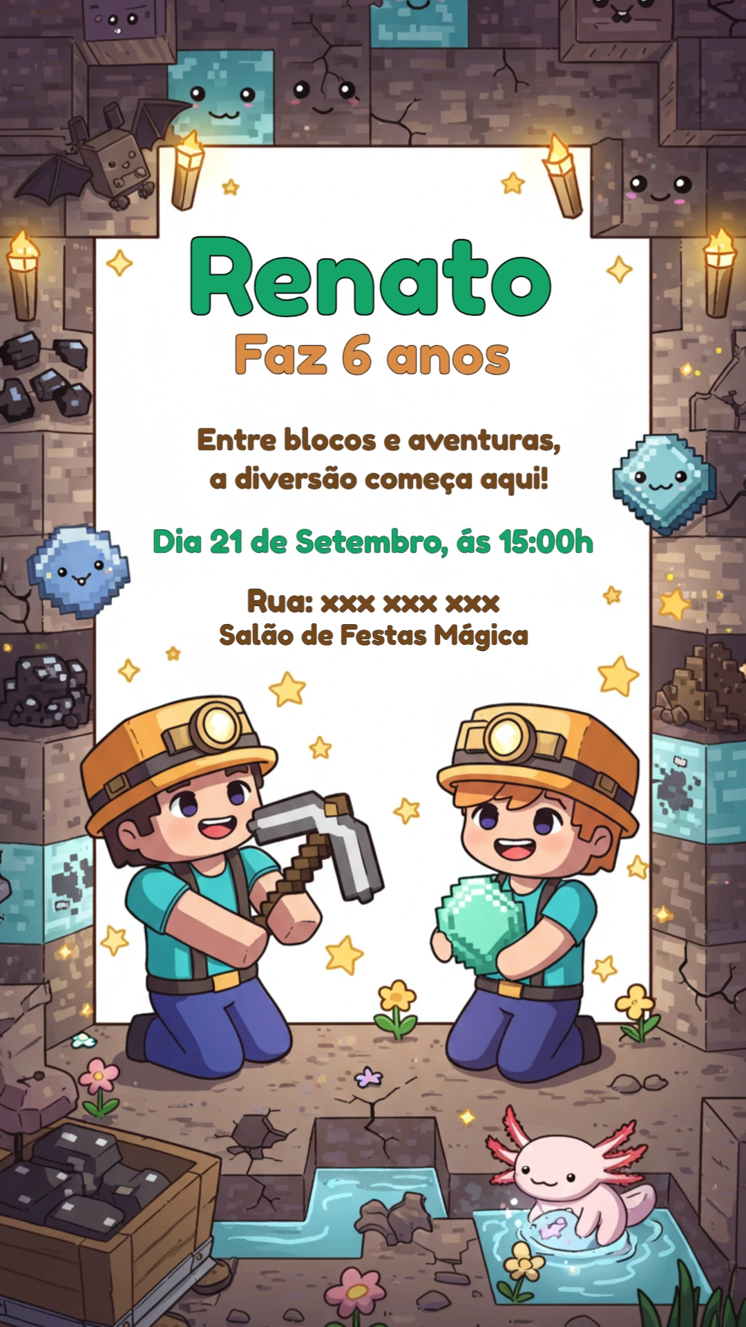 Convite Aniversário Minecraft com Personagens para Editar Online