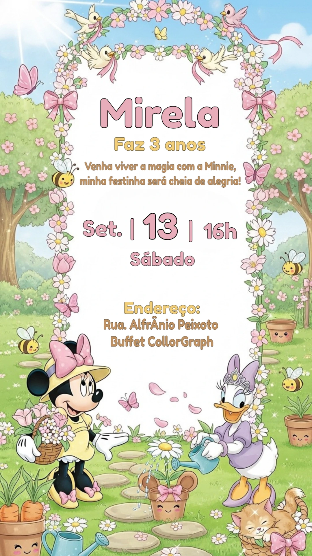Convite Aniversário Minnie Jardim Encantado para Editar Online