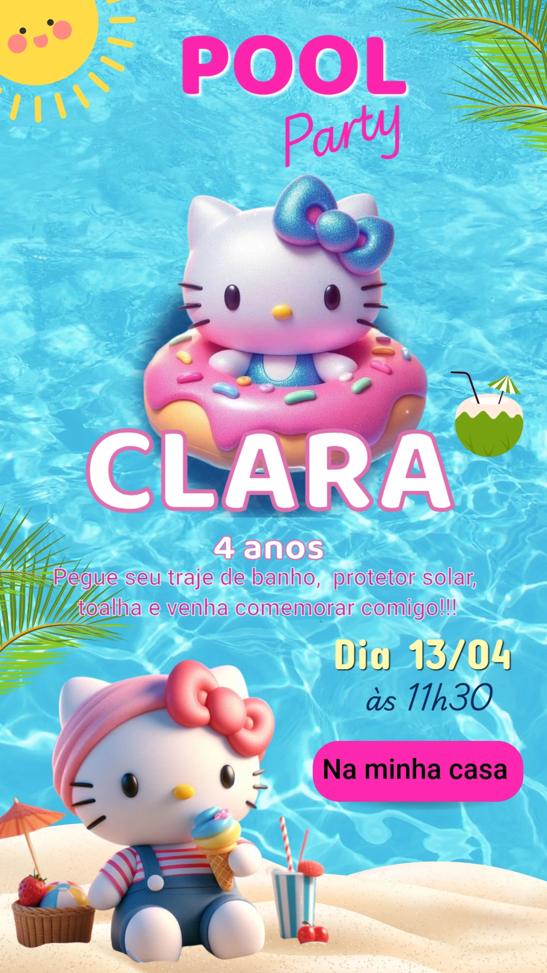 Convite Digital Festa na Piscina Hello Kitty Editável