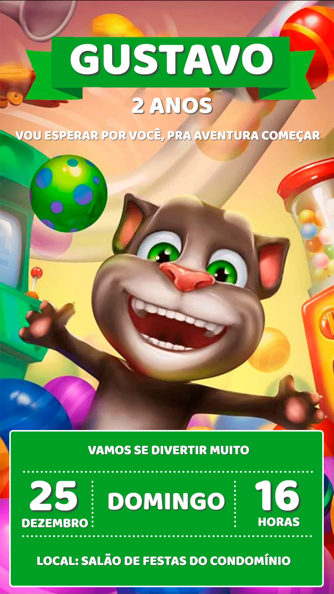 Convite Aniversário Talking Tom para Editar Online
