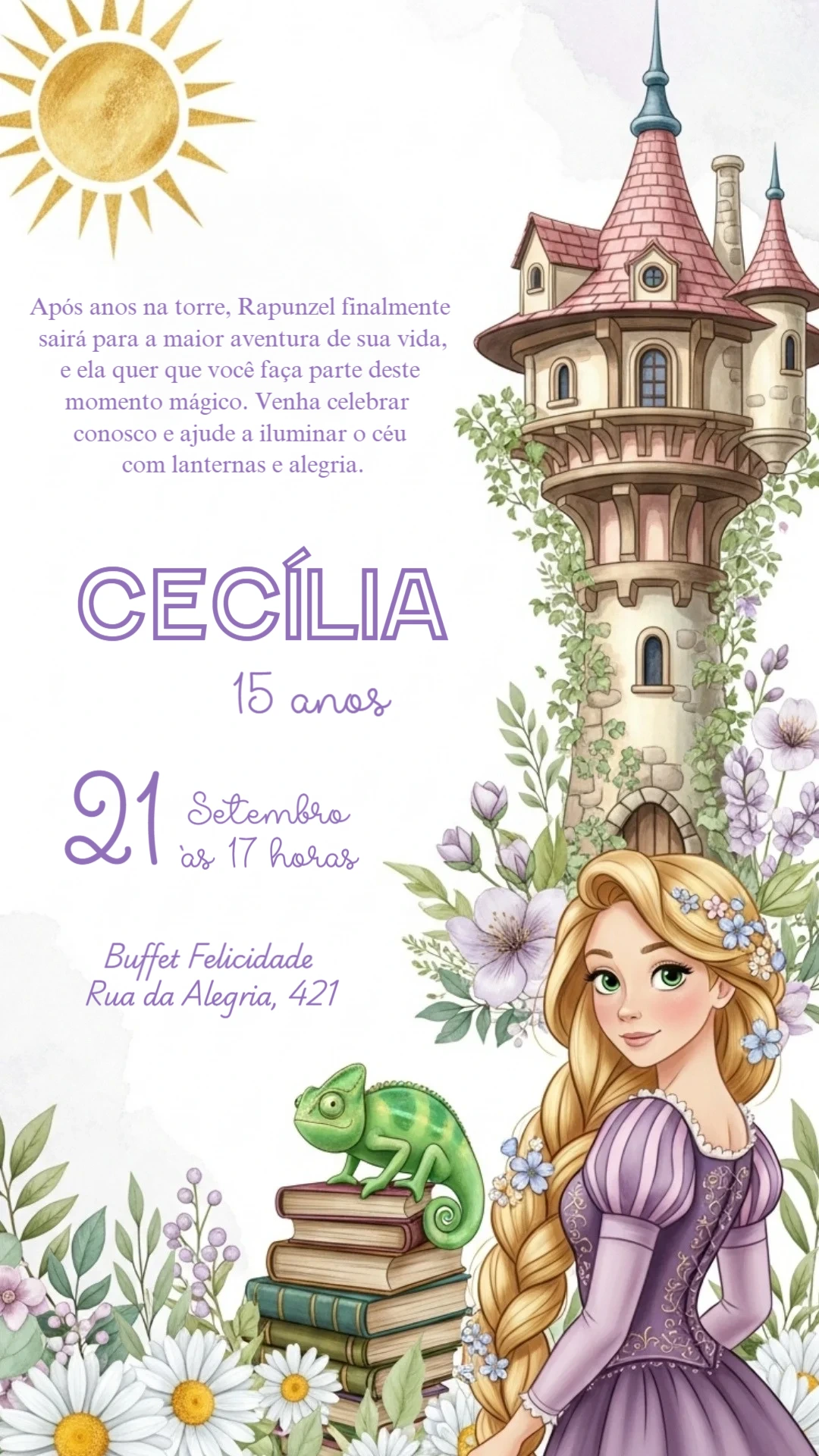 Convite Digital Aniversário Rapunzel Estilo Aquarela Editável
