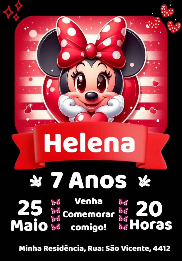 Convite de Aniversário Minnie Vermelha para Editar Online