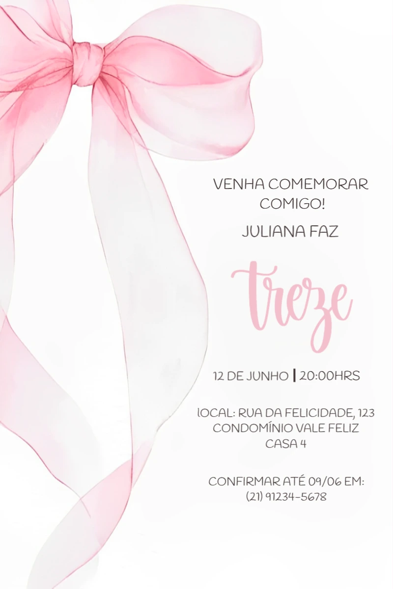 Convite Aniversário Laço Rosa Aquarela para Editar Online