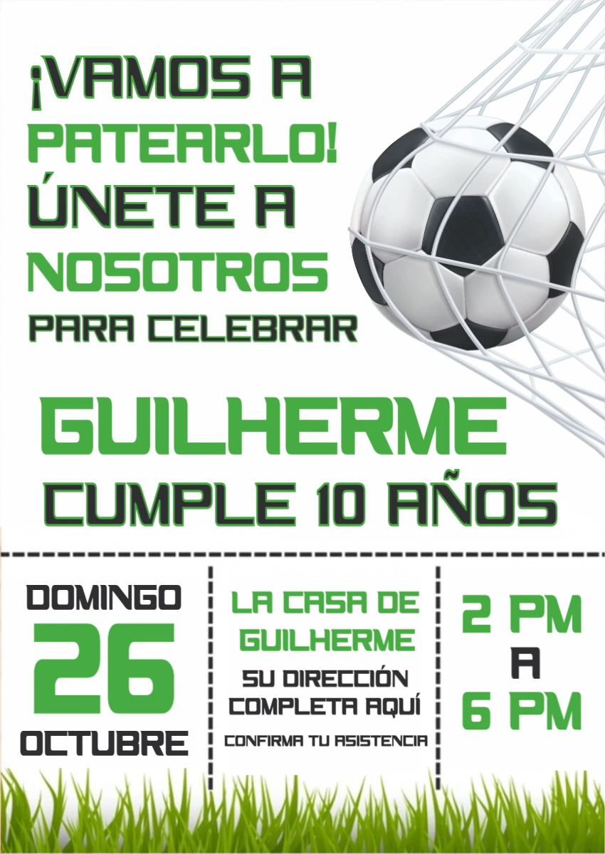 Invitación de Cumpleaños Tema Fútbol para Editar y Compartir