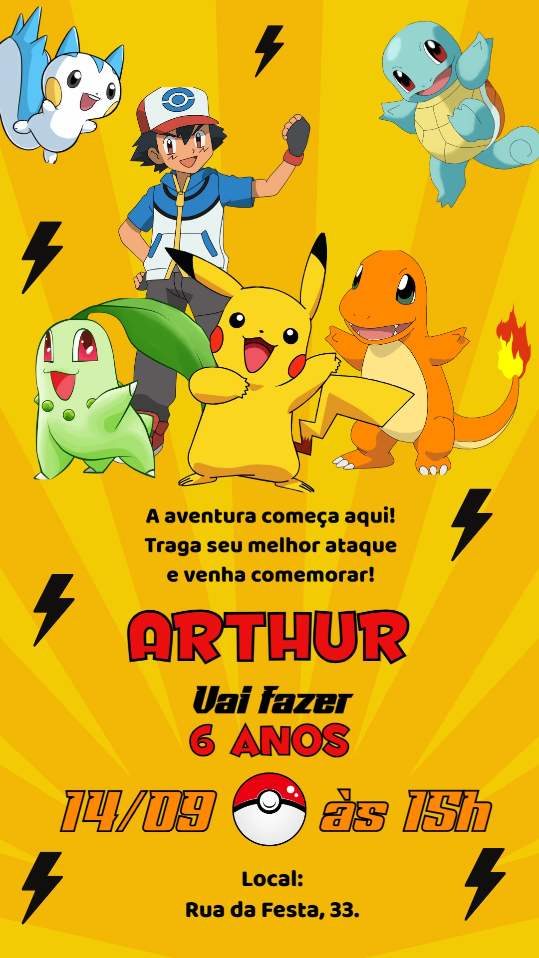 Convite de Aniversário Pokémon com Ash e Pikachu para Editar