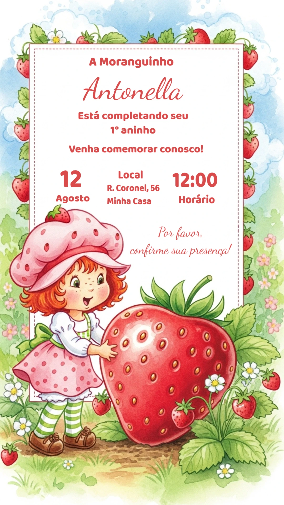 Convite de Aniversário Moranguinho para Editar Online