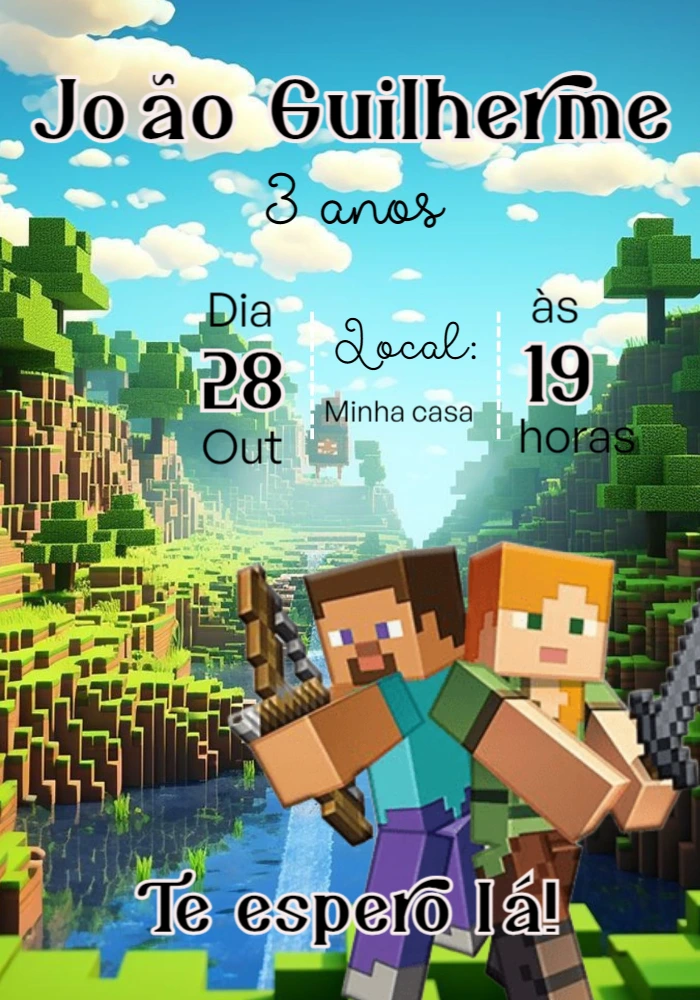 Convite Aniversário Minecraft com Personagens para Editar Online
