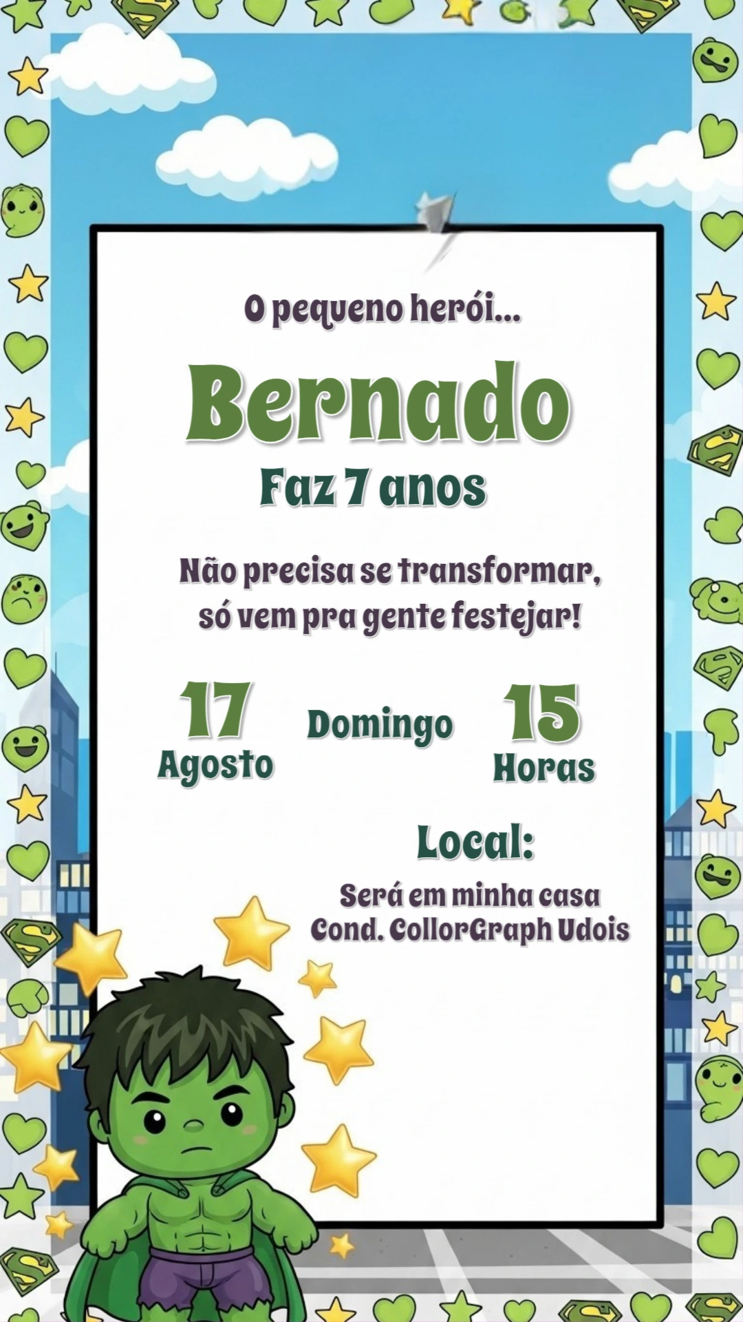 Convite de Aniversário Incrível Hulk Editável Online