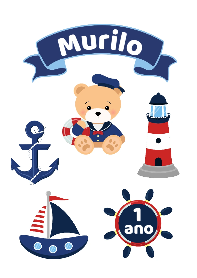 Topo de Bolo Aniversário Ursinho Marinheiro para Editar Online
