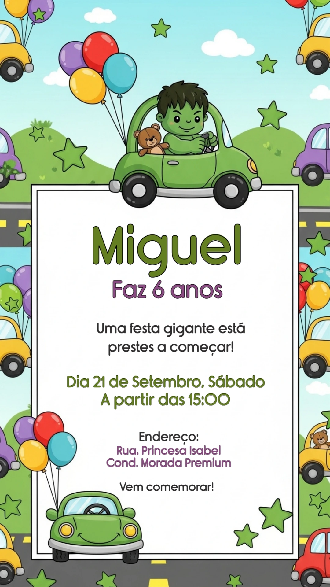 Convite Aniversário Incrível Hulk Carros para Editar Online
