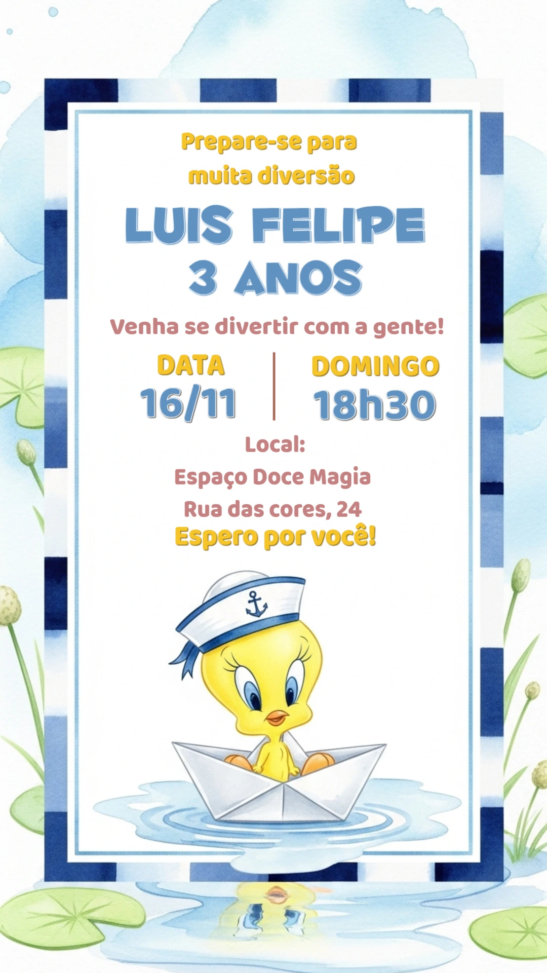 Convite de Aniversário Piu-Piu Marinheiro para Editar Online