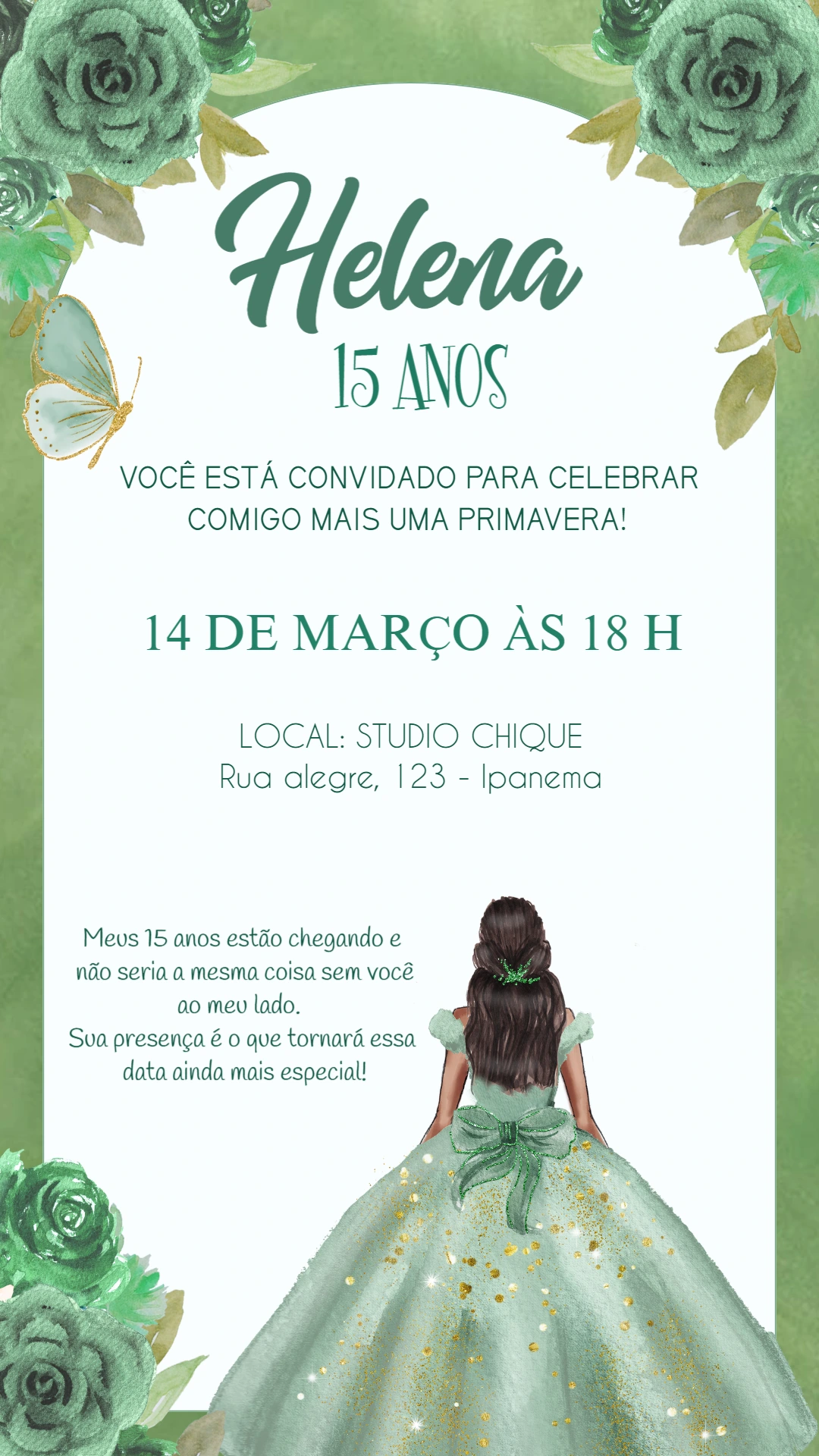 Convite 15 Anos Debutante Verde Floral para Editar Online