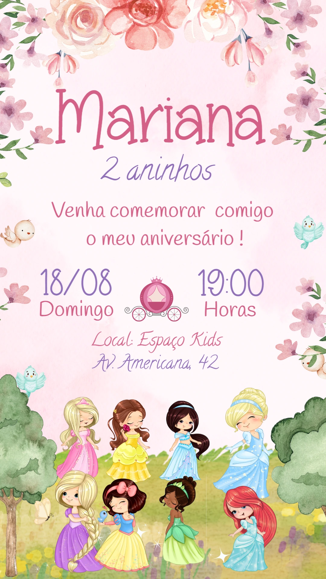 Convite Aniversário Princesas Aquarela para Editar Online