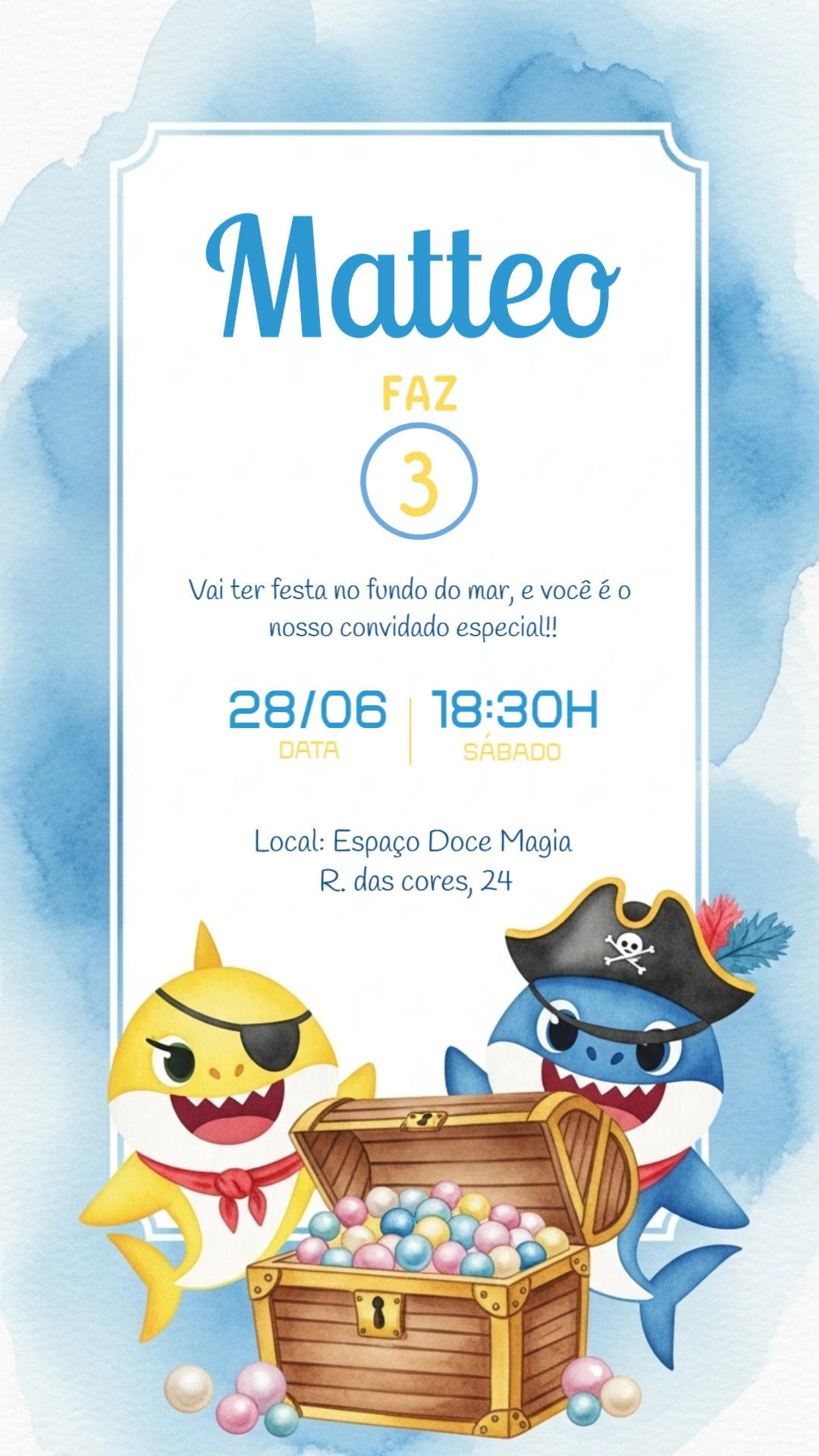 Convite Aniversário Baby Shark Pirata para Editar Online