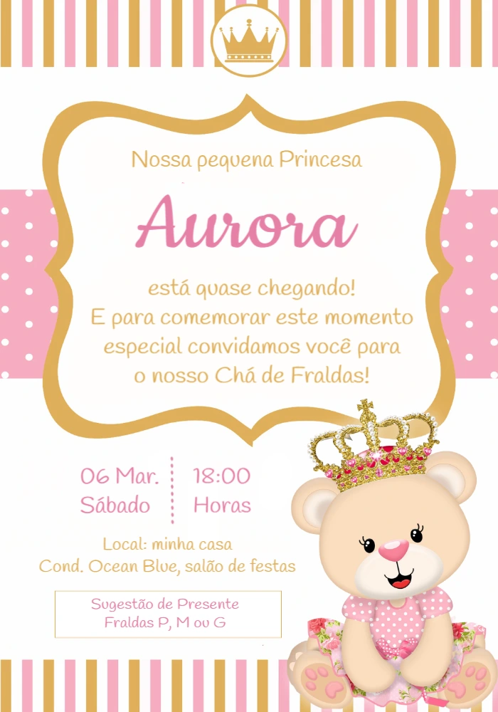 Convite Chá de Fraldas Ursinha Princesa para Editar Online