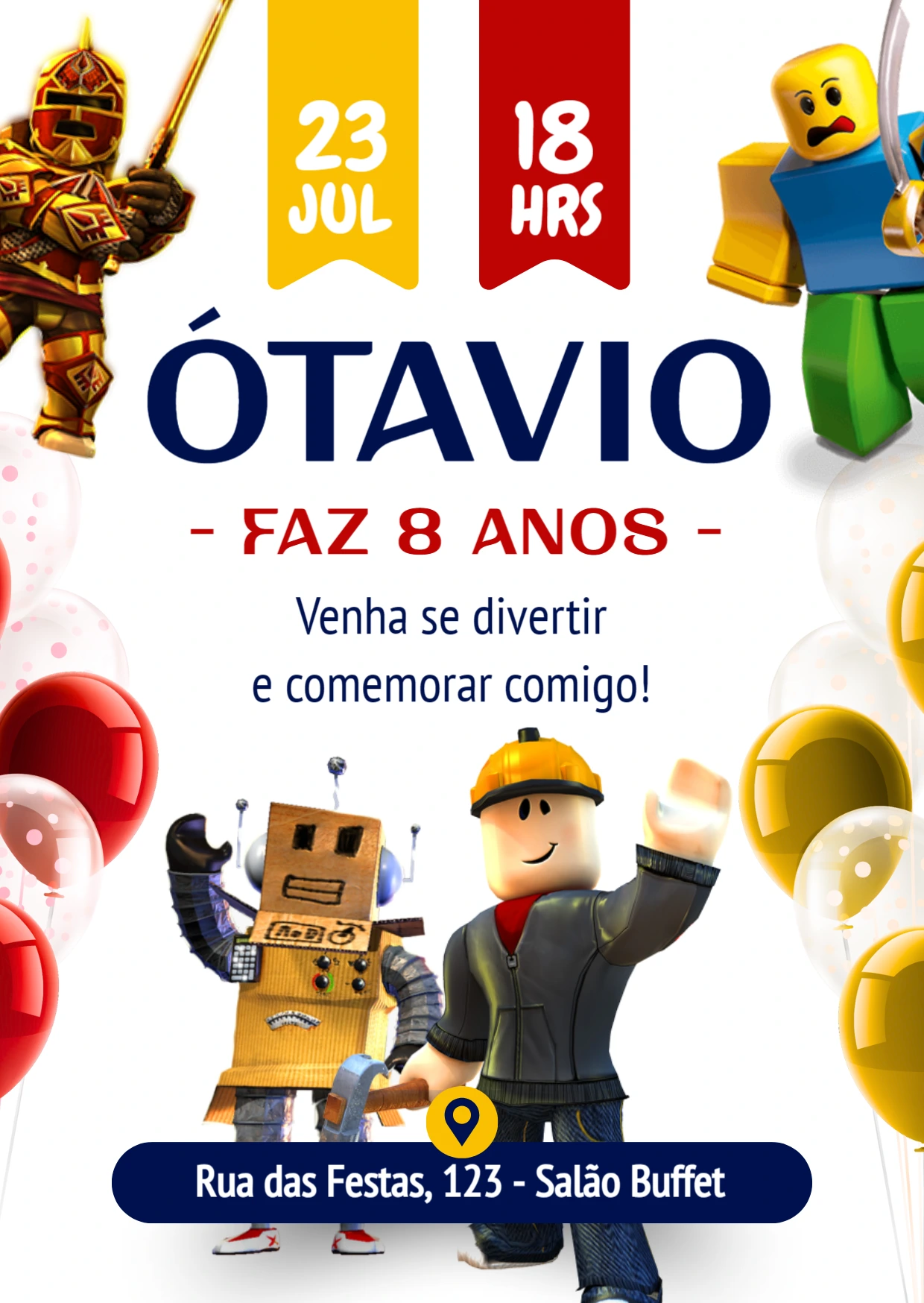 Convite de Aniversário Roblox com Personagens para Editar Online