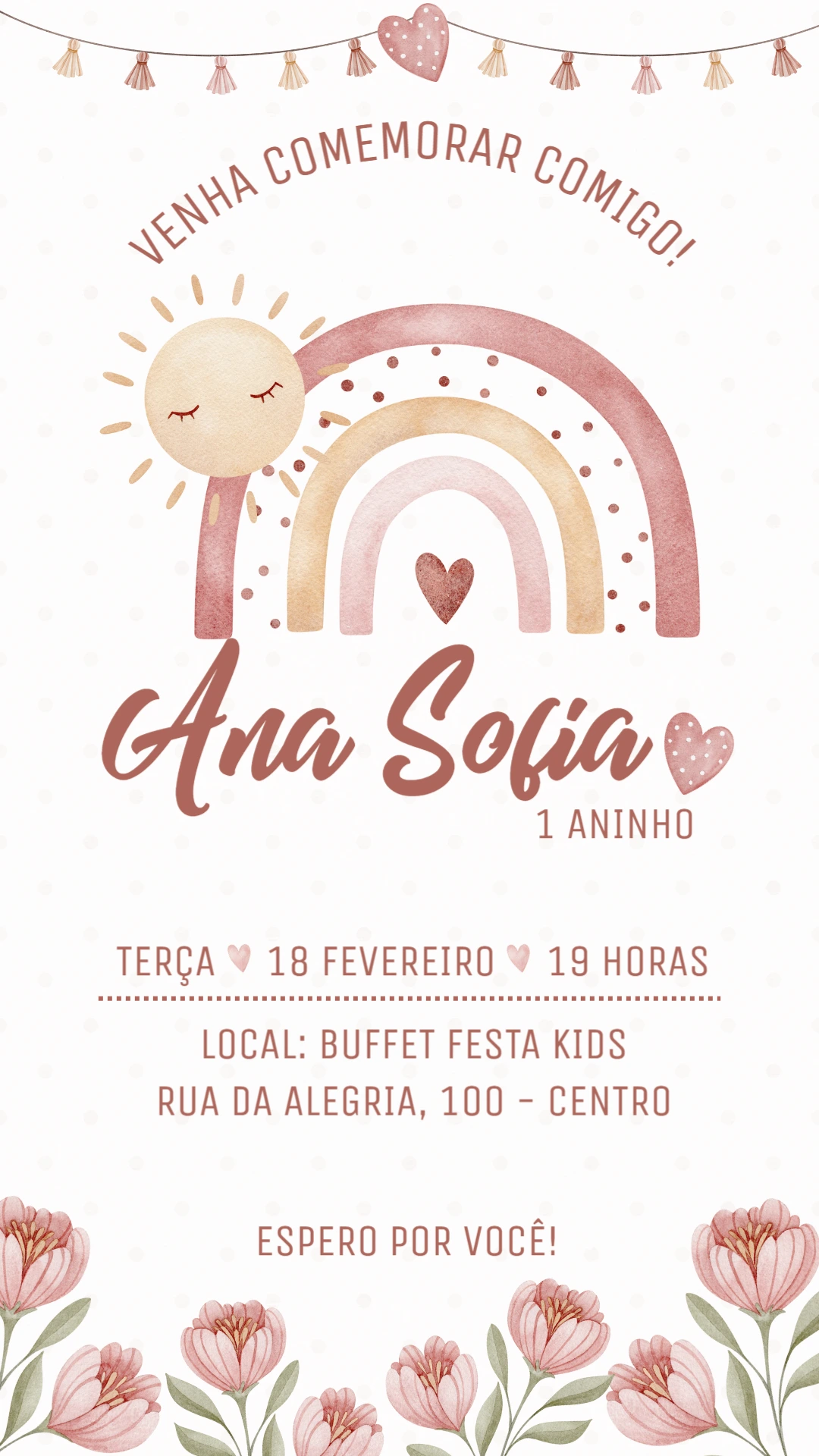 Convite Aniversário Arco-íris Boho para Editar Online
