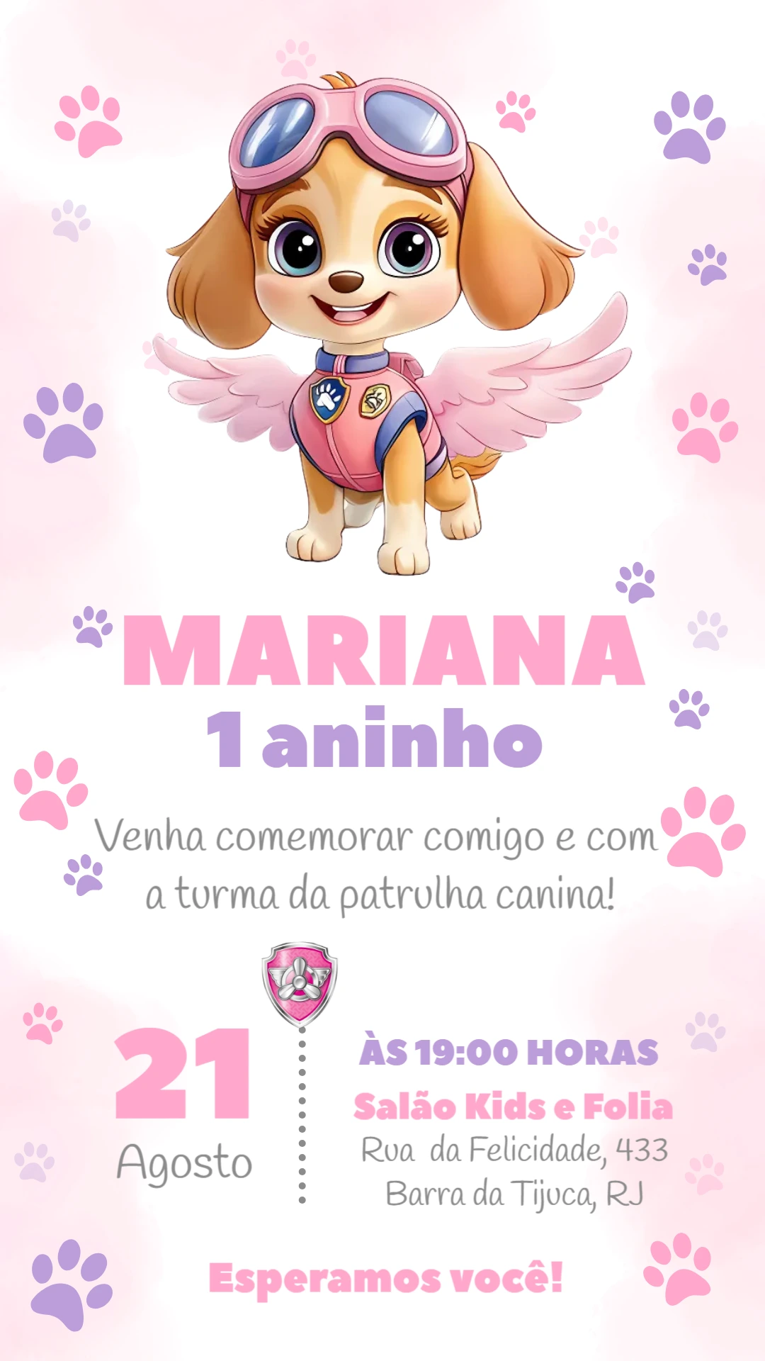 Convite Aniversário Skye Patrulha Canina para Editar Online