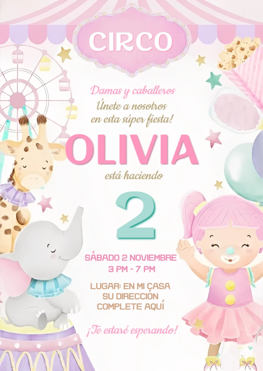 Invitación de cumpleaños Circo Rosa