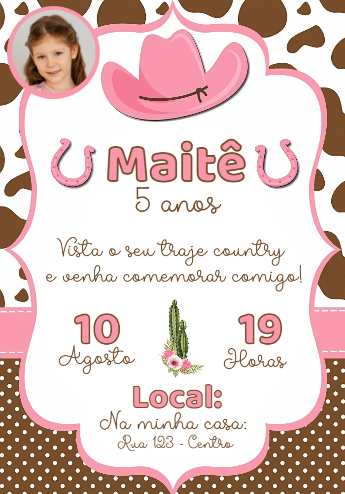 Convite Aniversário Country Boiadeira com Foto para Editar Online