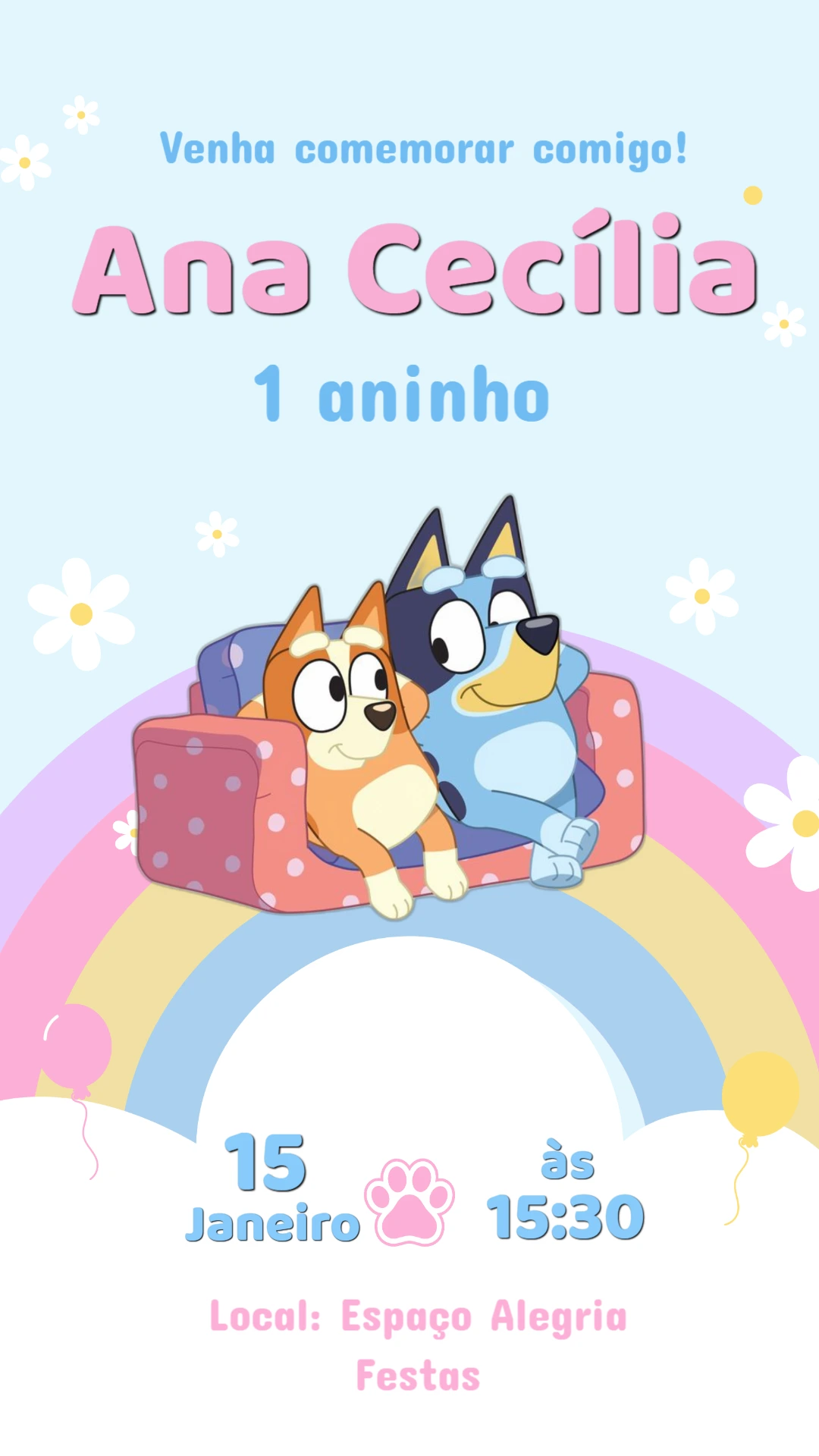 Convite de Aniversário Infantil Bluey e Bingo Modelo Editável