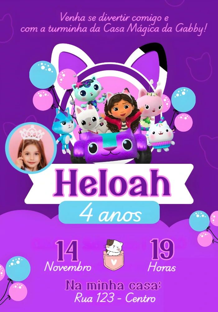 Convite Aniversário Casa Mágica da Gabby com Foto para Editar