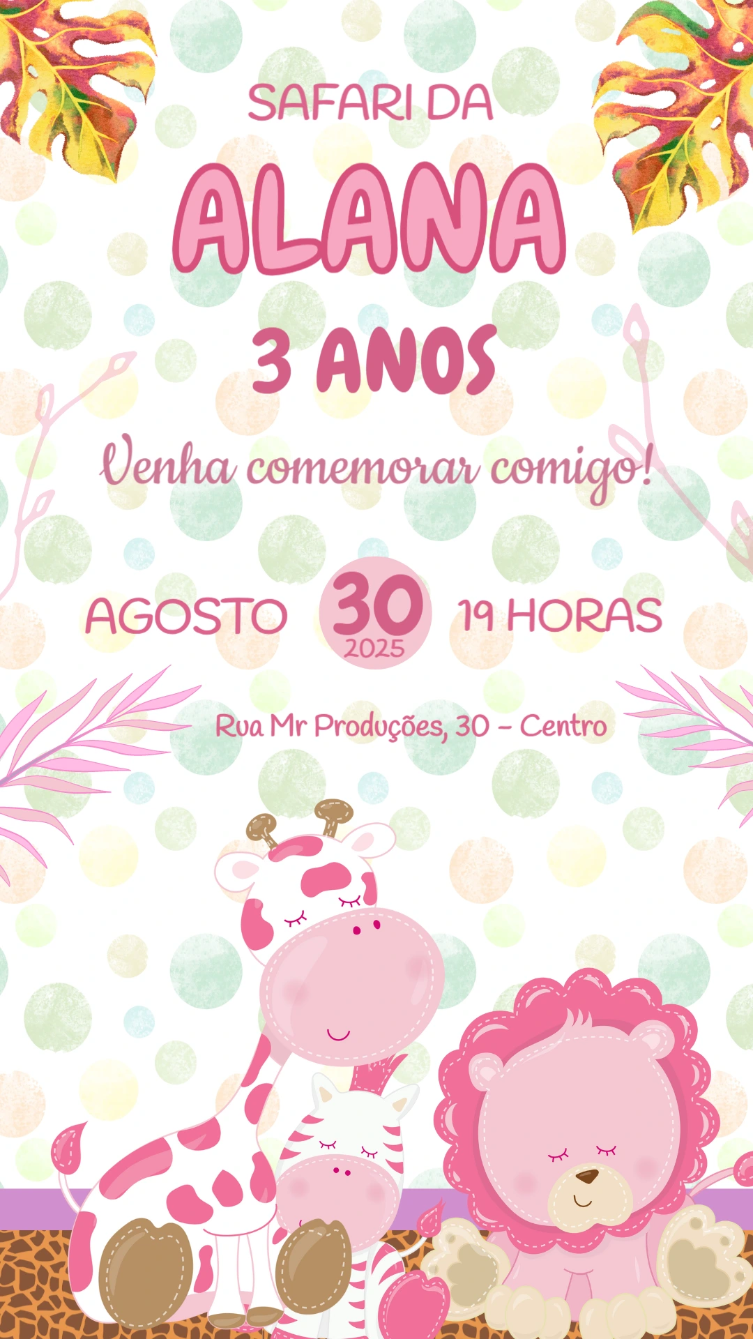 Convite de Aniversário Safari Rosa com Animais para Editar Online