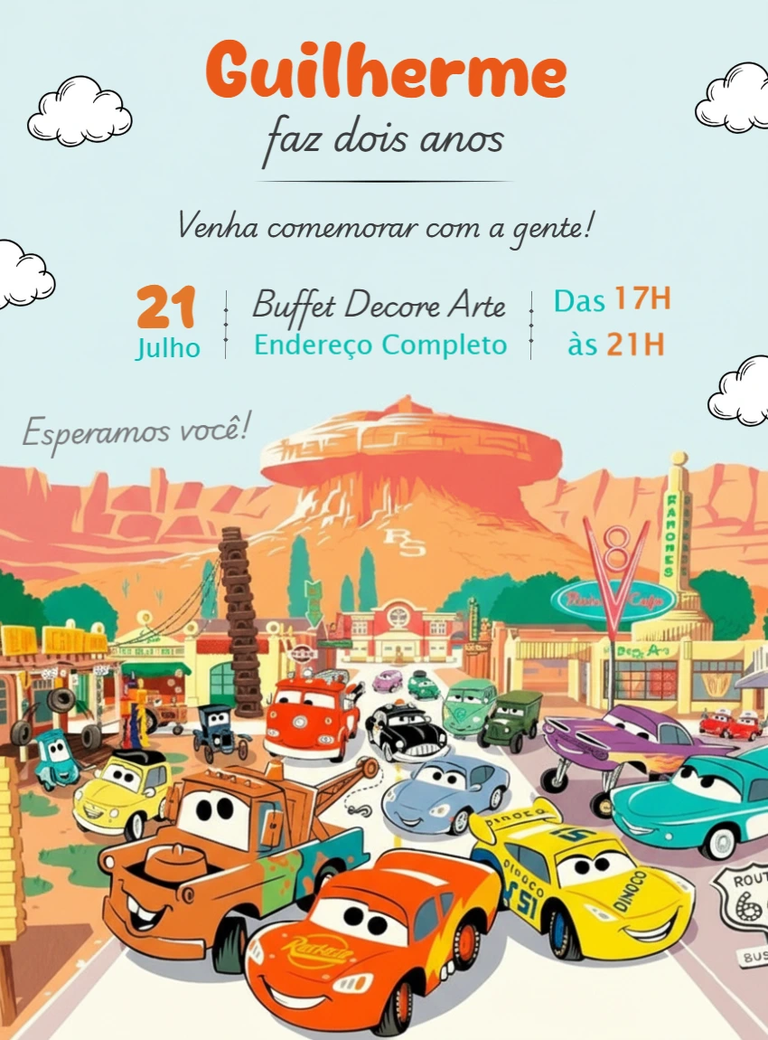 Convite Aniversário Carros Disney para Editar Online