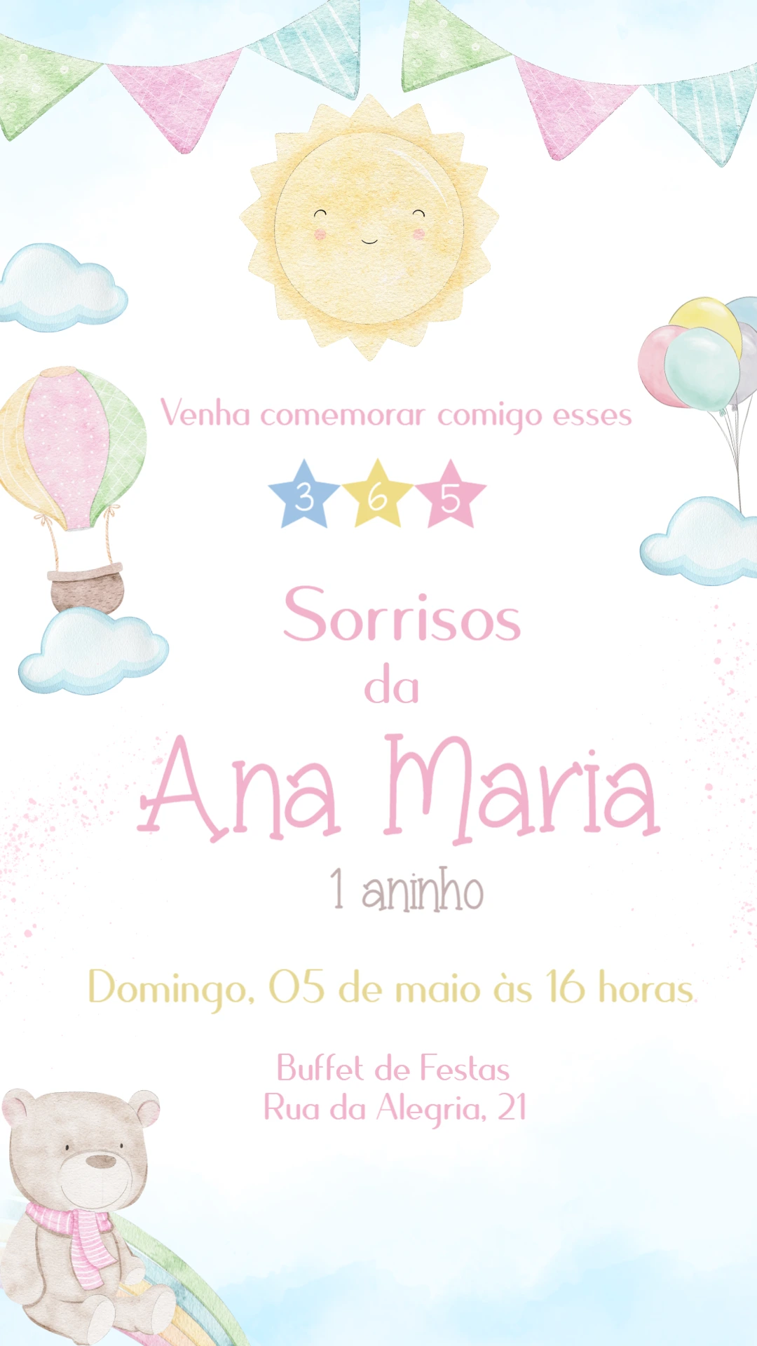 Convite Aniversário 365 Sorrisos em Aquarela para Editar