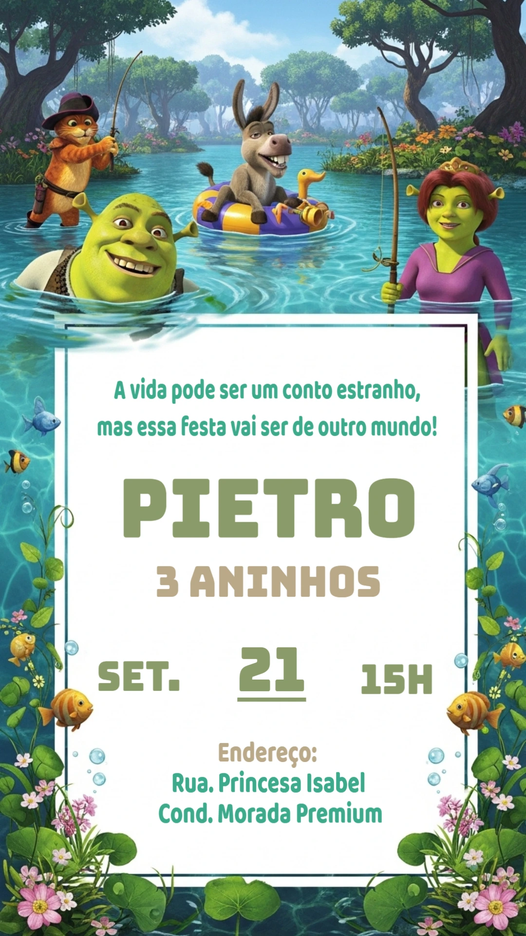 Convite de Aniversário Shrek com Personagens para Editar Online