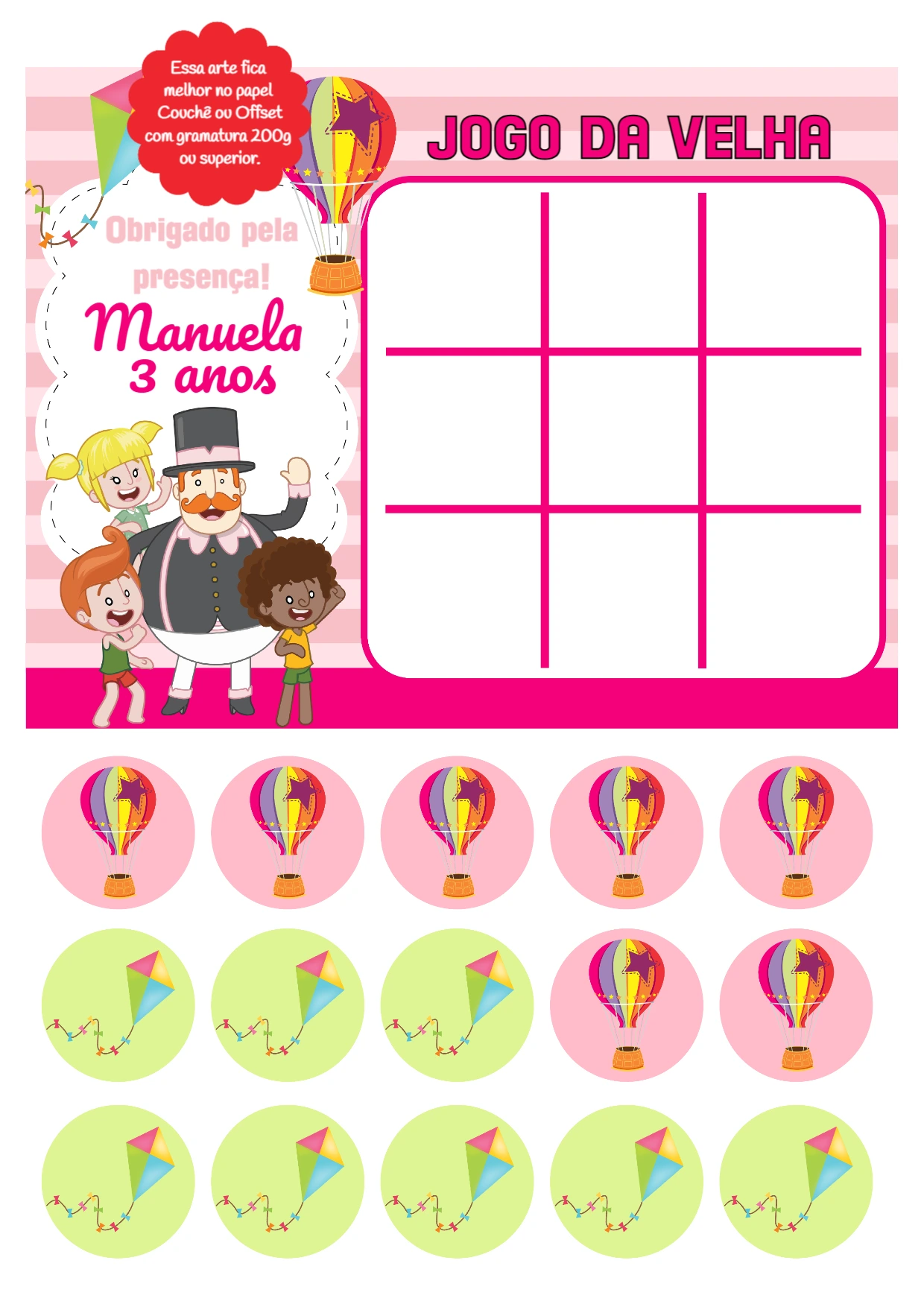 Jogo da Velha Mundo Bita Rosa Editável para Aniversário