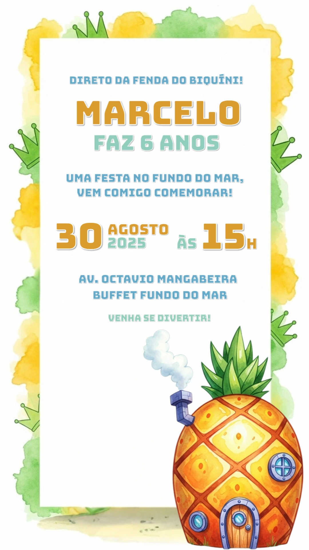 Convite Aniversário Bob Esponja Fundo do Mar para Editar Online