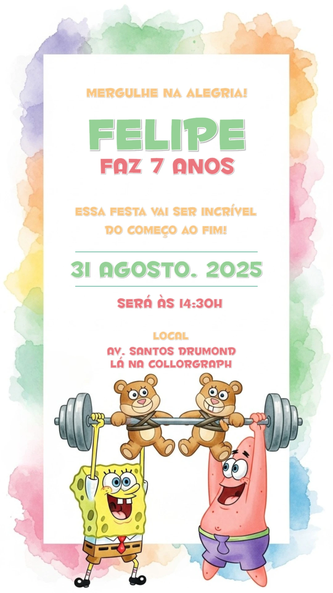 Convite Aniversário Bob Esponja e Patrick para Editar Online
