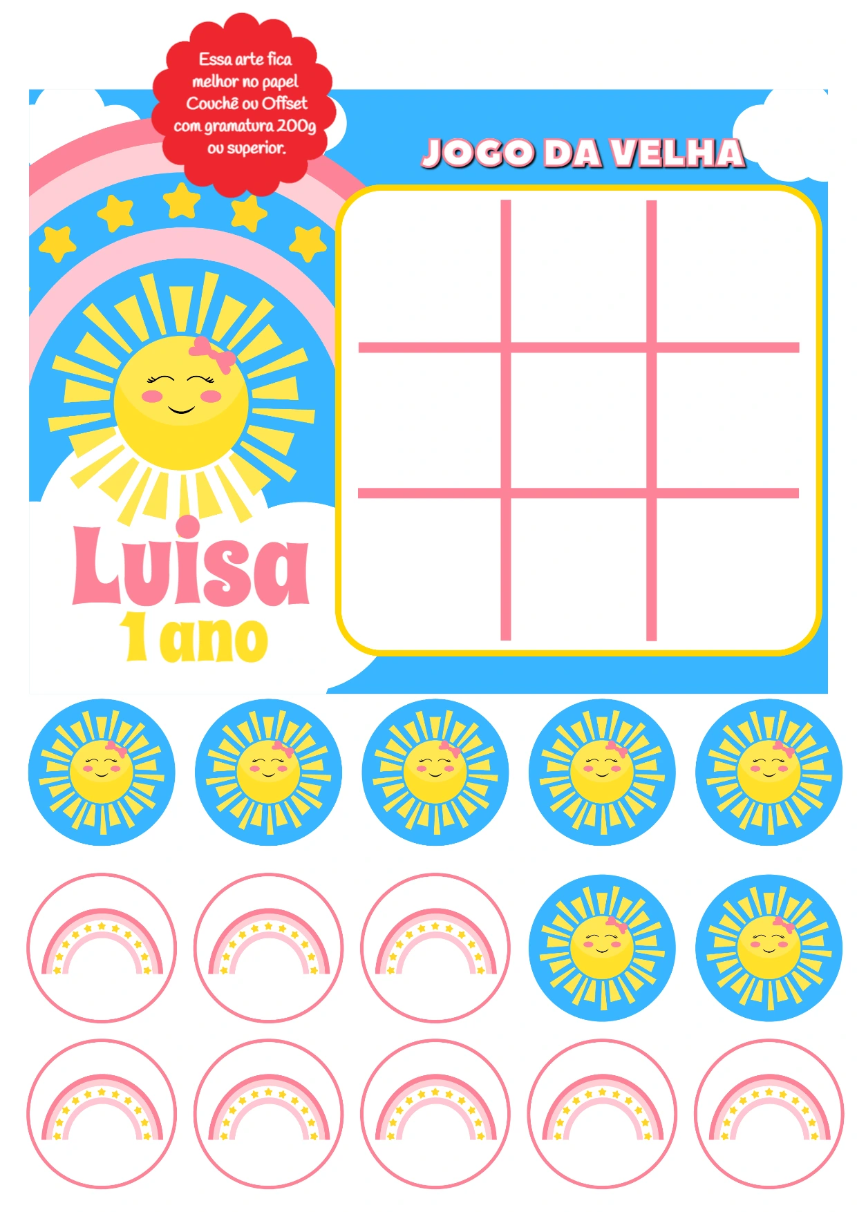 Jogo da Velha Aniversário Raio de Sol Rosa Editável Online