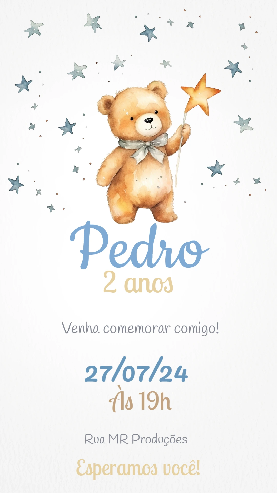 Convite Aniversário Ursinho Aquarela para Editar Online