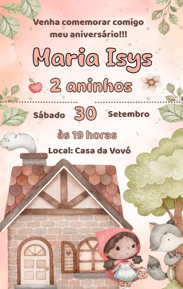 Convite Aniversário Chapéuzinho Vermelho para Editar Online