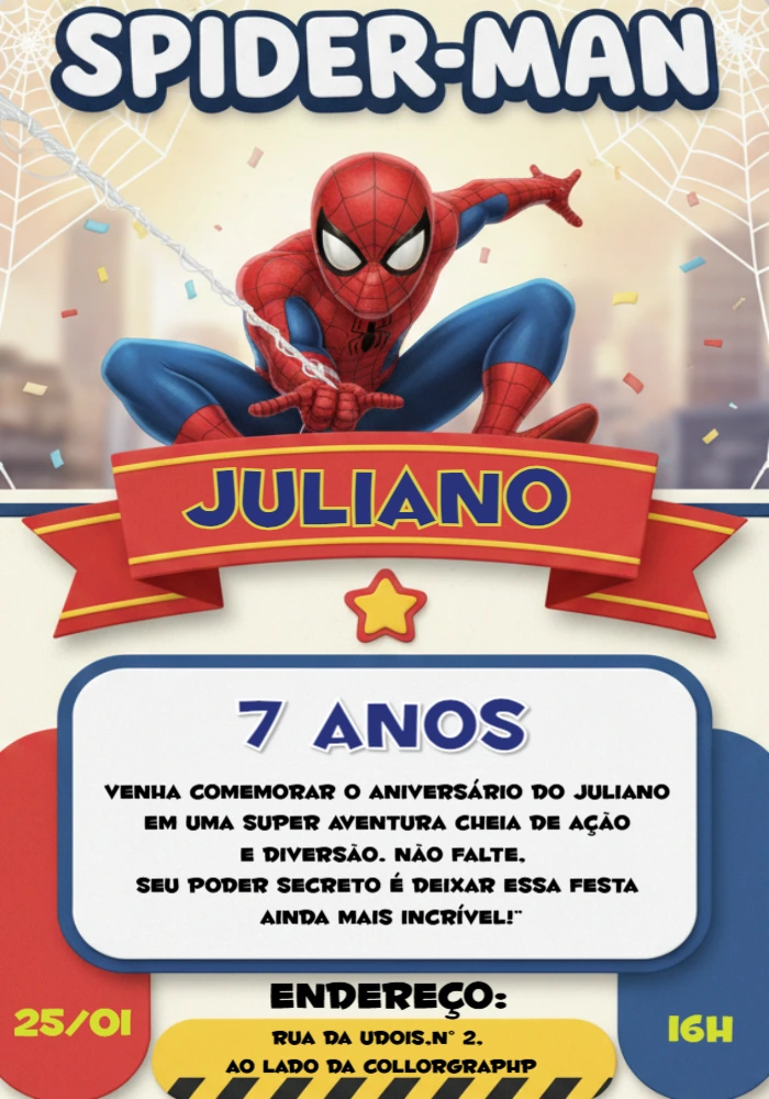 Convite Digital Homem-Aranha para Aniversário Infantil Editável