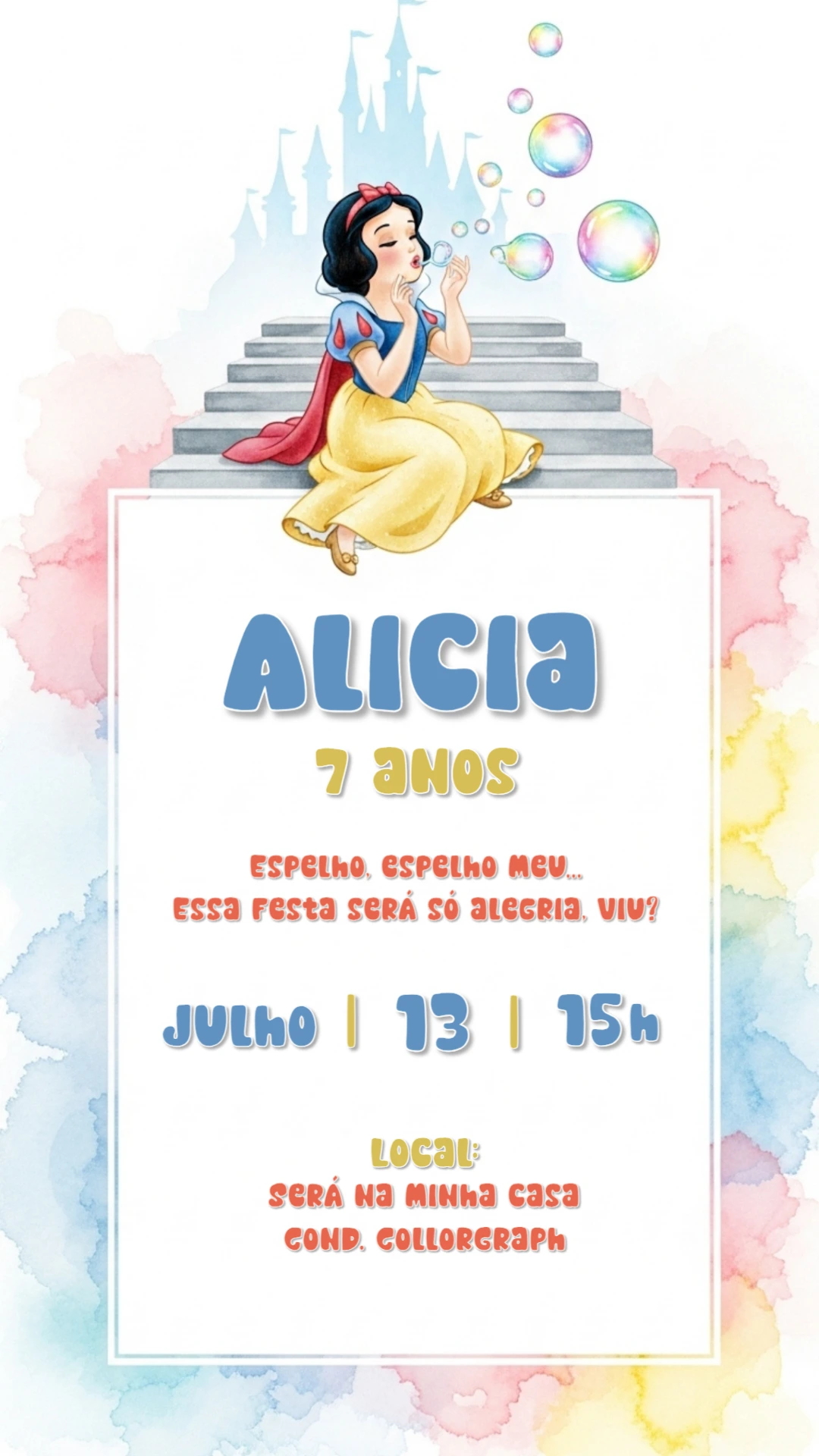 Convite Aniversário Branca de Neve Aquarela para Editar Online