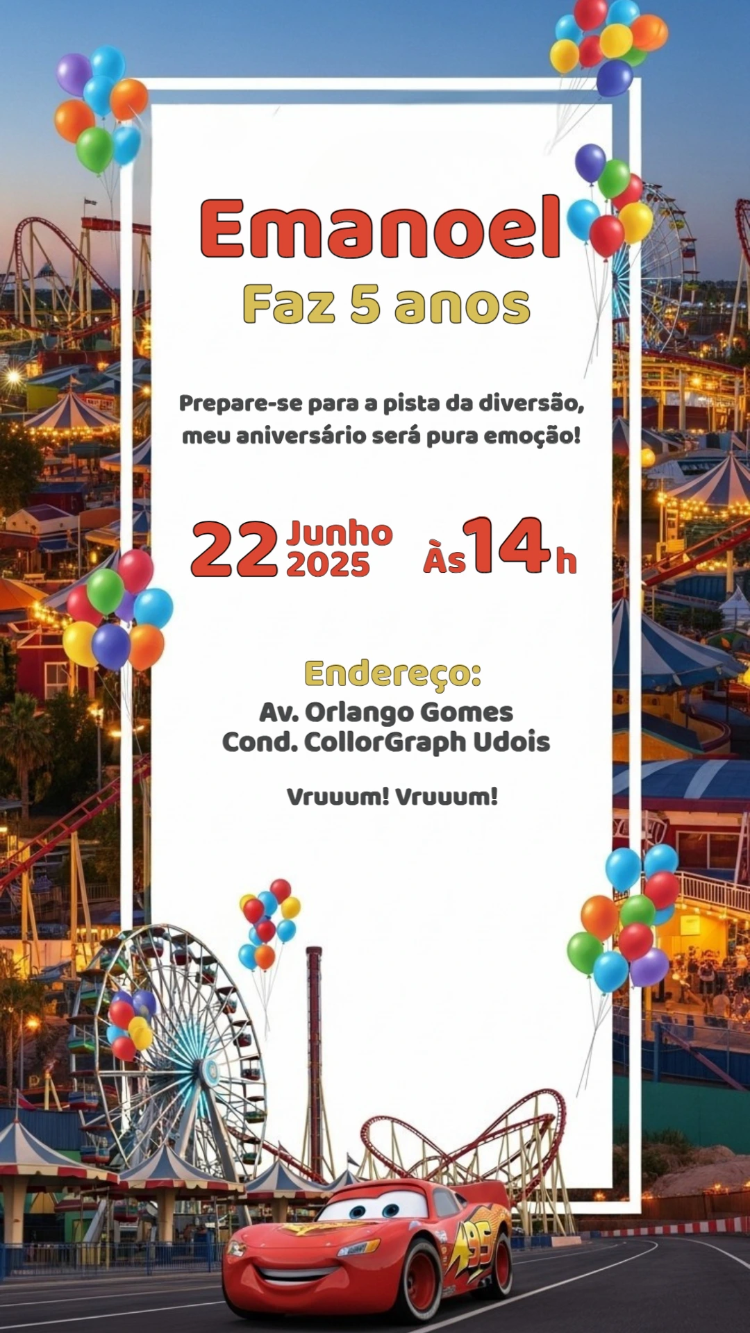 Convite de Aniversário Carros para Editar e Imprimir