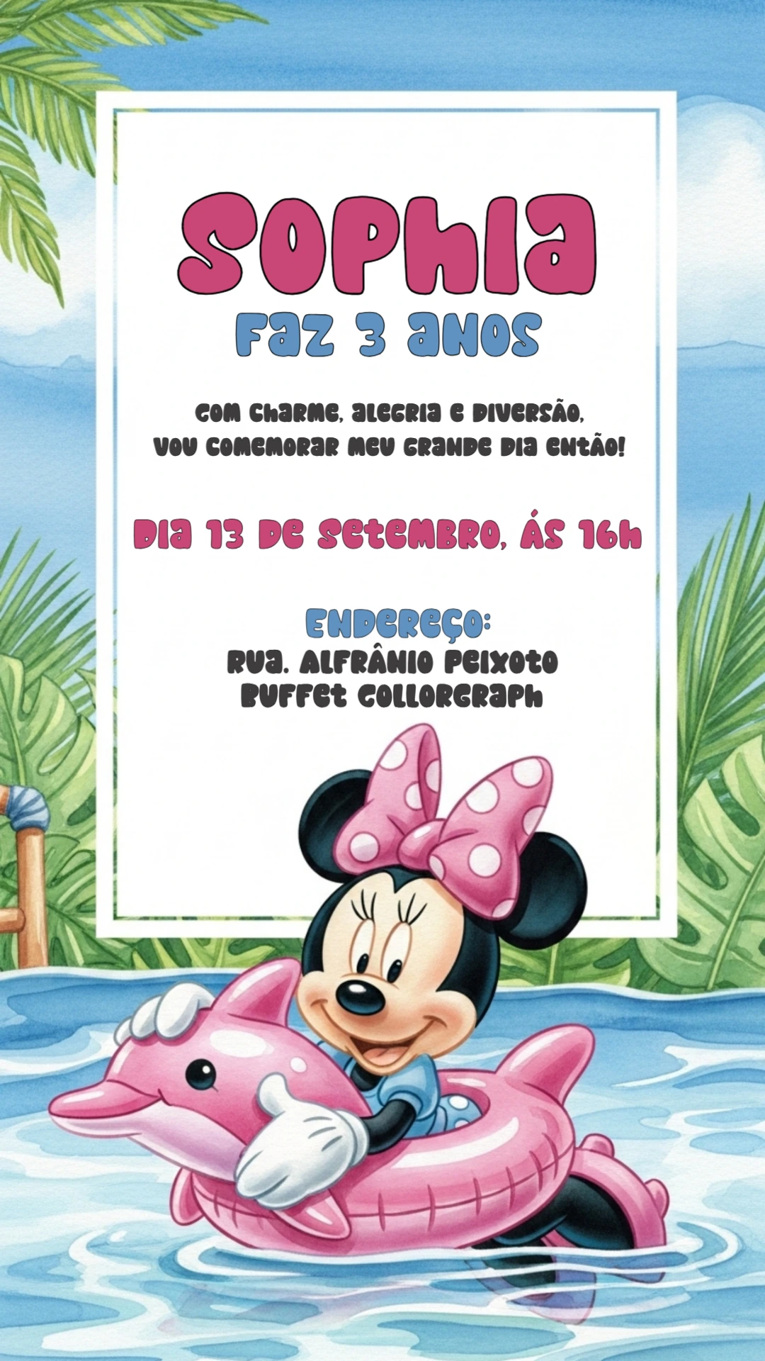 Convite Aniversário Minnie na Piscina para Editar Online