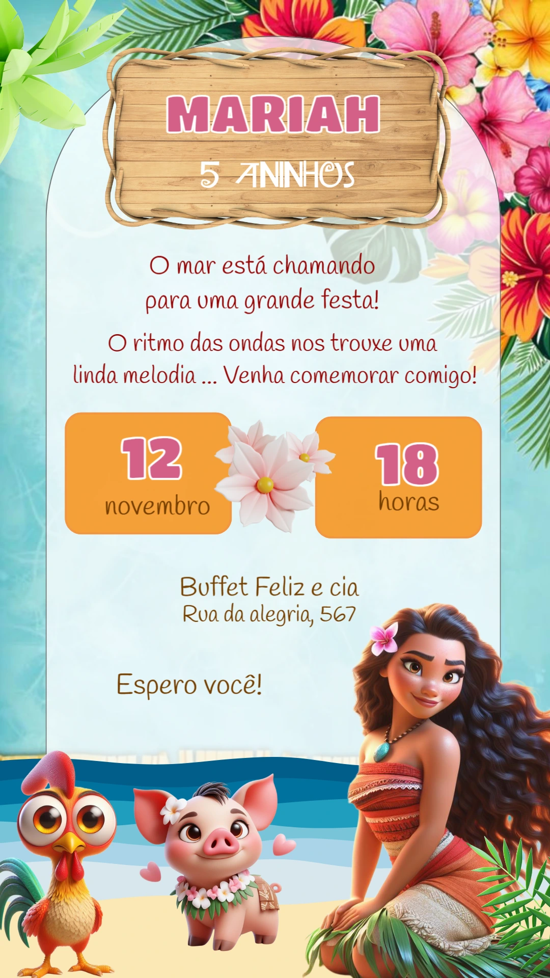Convite Aniversário Moana e sua Turma para Editar Online